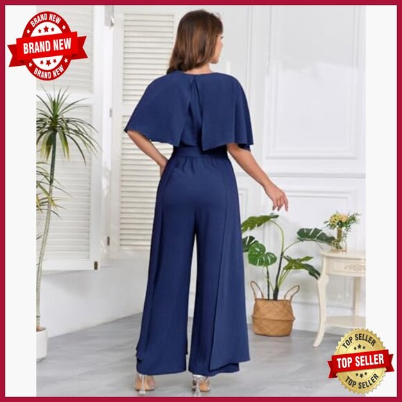 Formal Jumpsuit Cape Sleeve Wide Leg Belted Maxi One-Piece Evening Wear - Picture 4 of 7